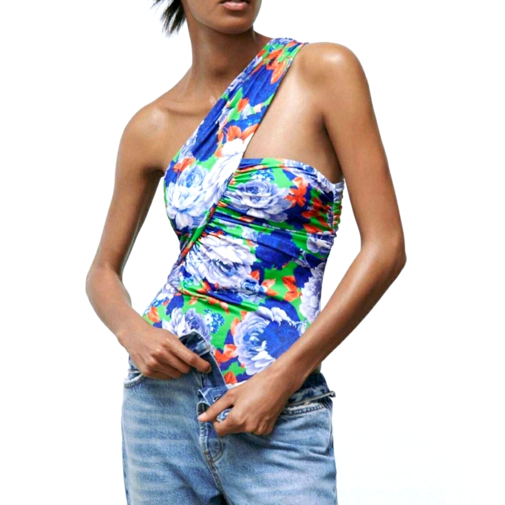 Zara One Sleeve Floral Green/blue/red Asymmetric Bodysuit. Size L.